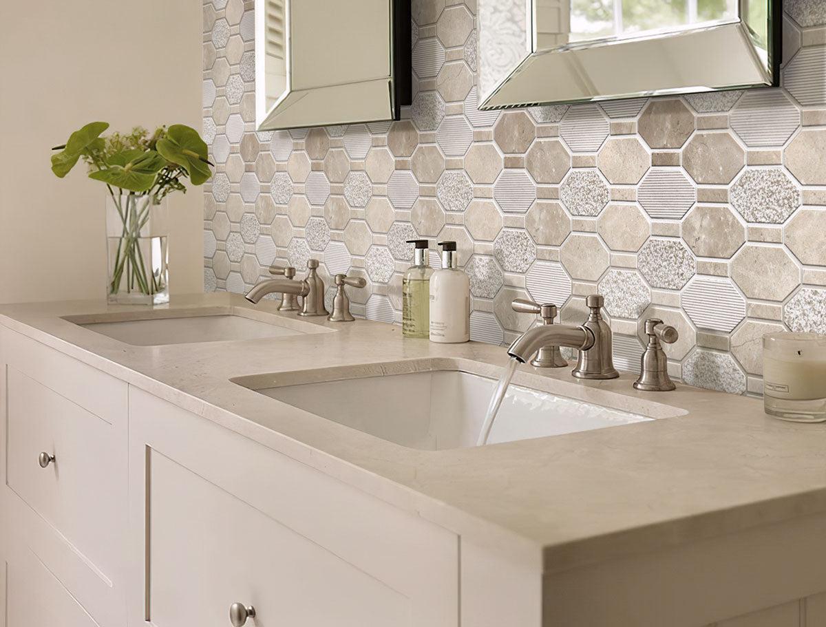 Textured Elongated Crema Marfil Hexagon Marble Mosaic Tile | Tile Club