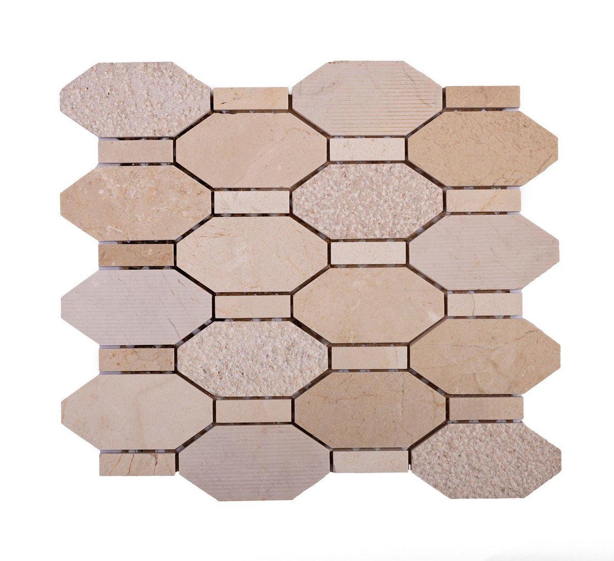Textured Elongated Crema Marfil Hexagon Marble Mosaic Tile Position: 1