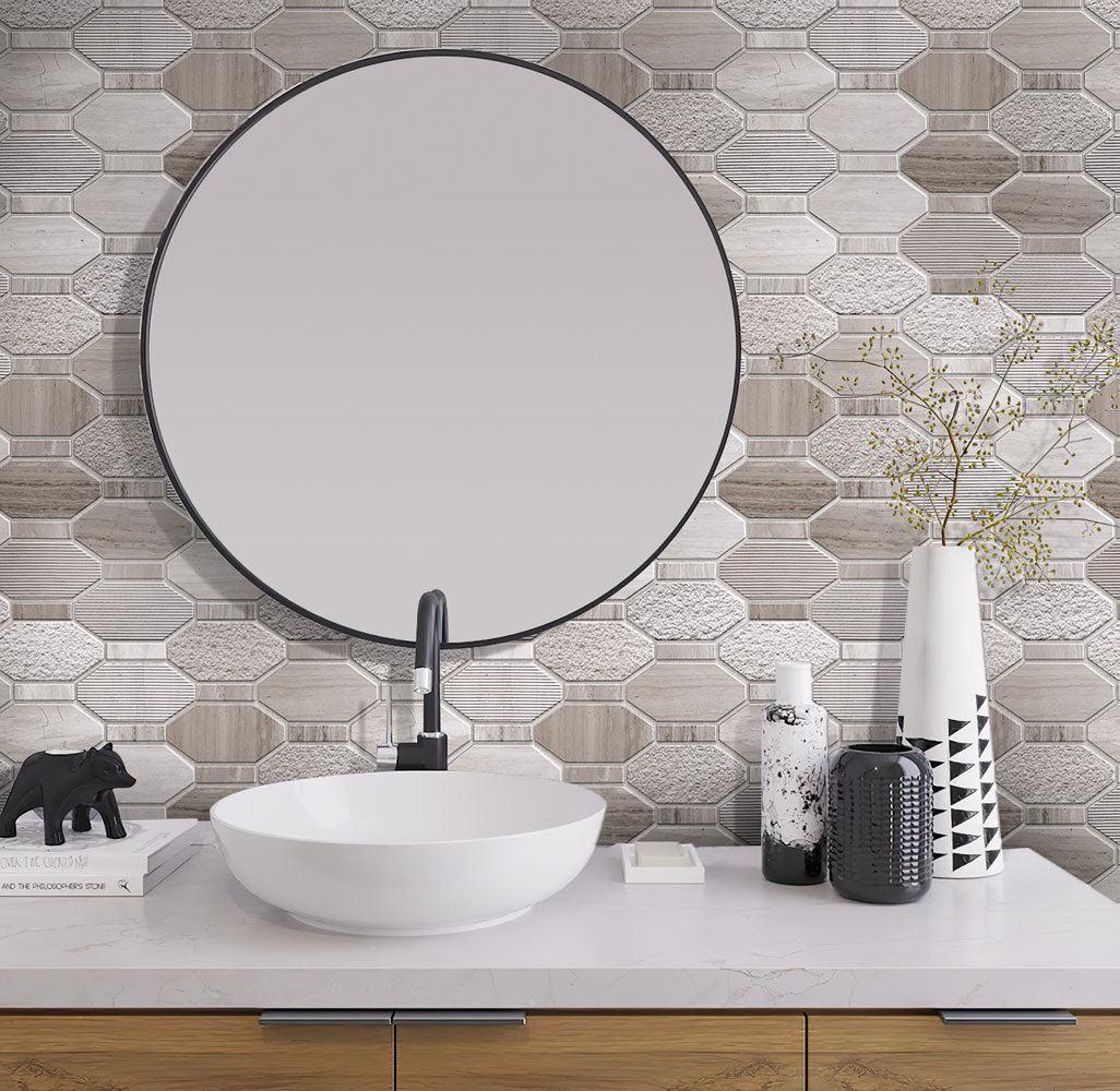 Textured Elongated Wooden Beige Hexagon Marble Mosaic Tile bathroom backsplasah