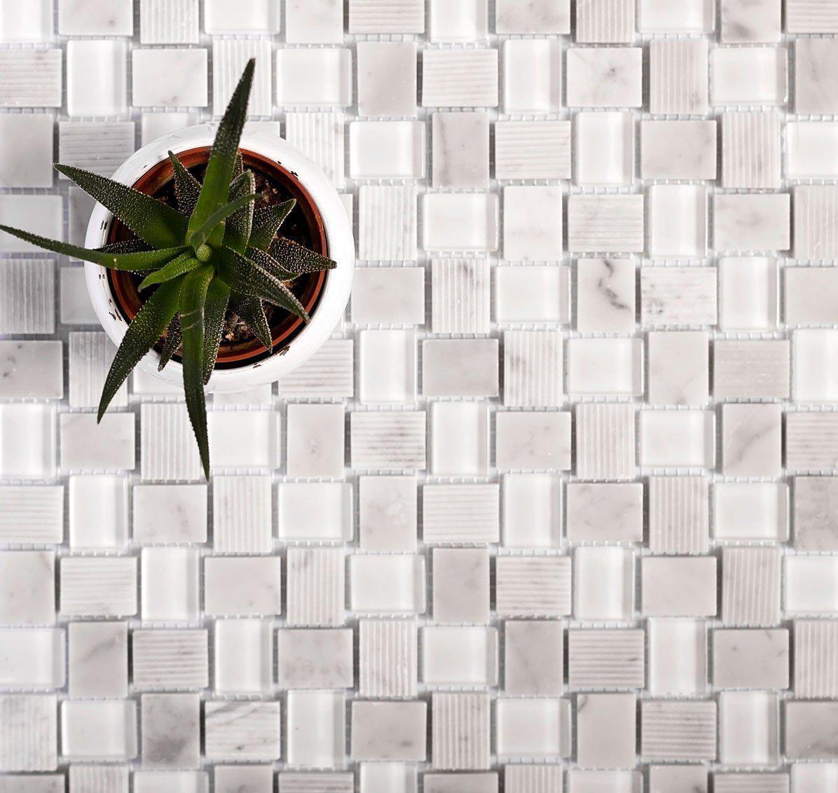 Textured Mini Brick Carrara And Glass Mosaic Tile