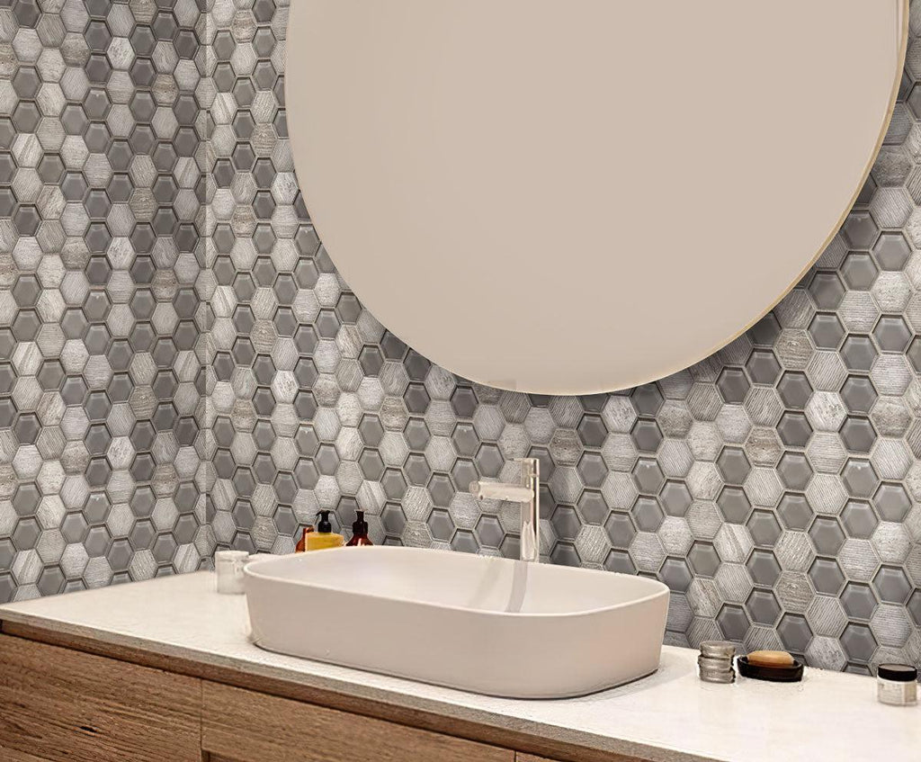 Textured Wooden Beige And Glass Hexagon Mosaic Tile | Tile Club