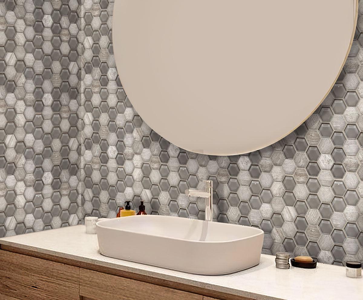 Textured Wooden Beige And Glass Hexagon Mosaic Tile | Tile Club