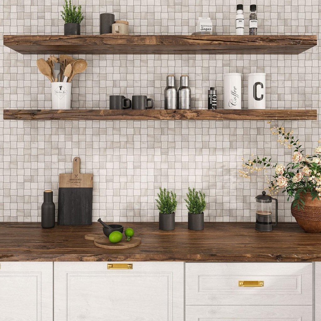 Wood look marble basketweave kitchen tile
