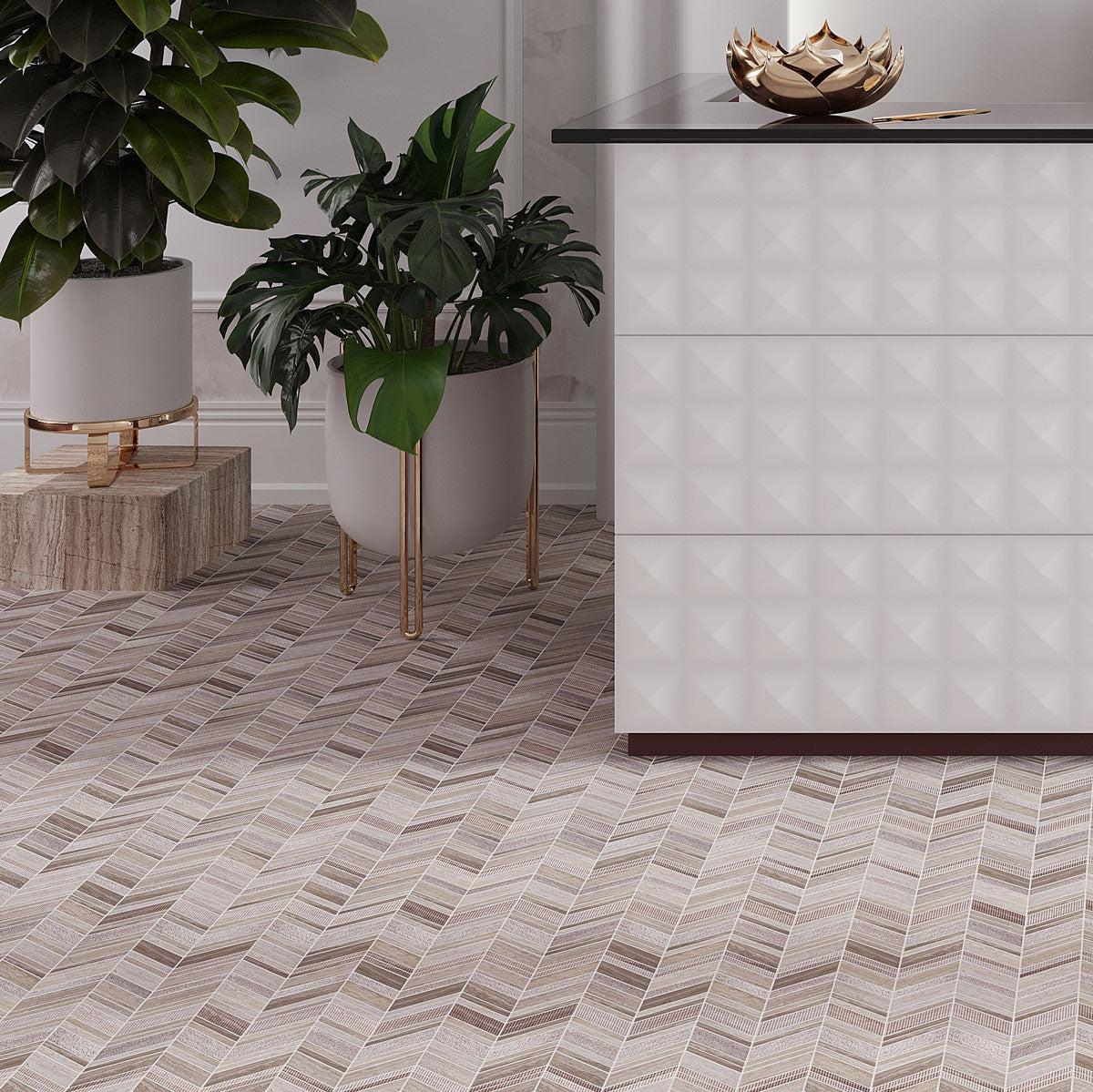 Textured Wooden Beige Chevron Marble Mosaic Tile | Tile Club