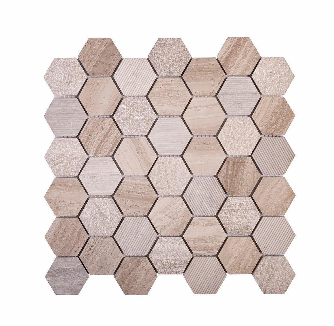 Textured Wooden Beige Honeycomb Hexagon Marble Mosaic Tile Position: 2