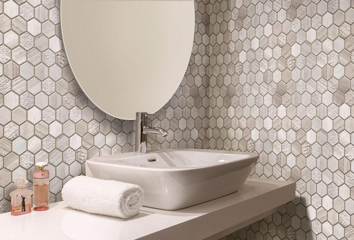 Textured Wooden Beige Honeycomb Hexagon Marble Mosaic Tile
