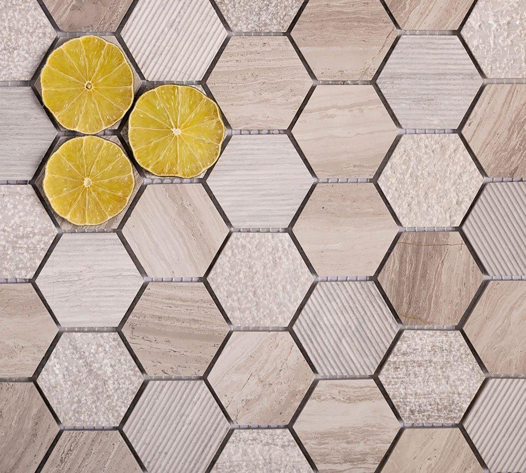 Textured Wooden Beige Honeycomb Hexagon Marble Mosaic Tile Position: 1