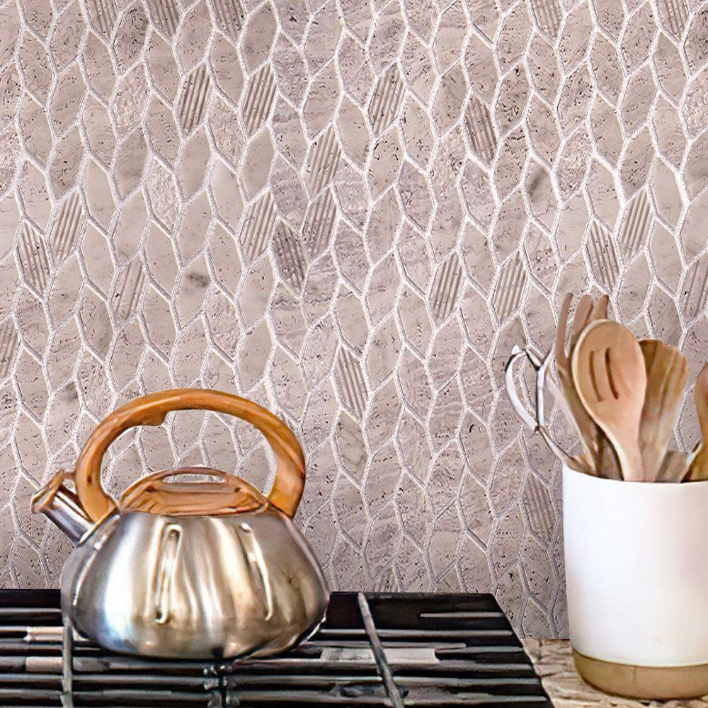 Textured Wooden Beige Leaf Marble Mosaic Tile | Tile Club