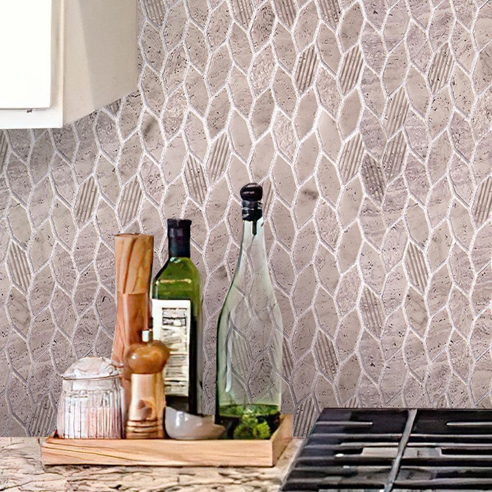 Textured Wooden Beige Leaf Marble Mosaic Tile | Tile Club