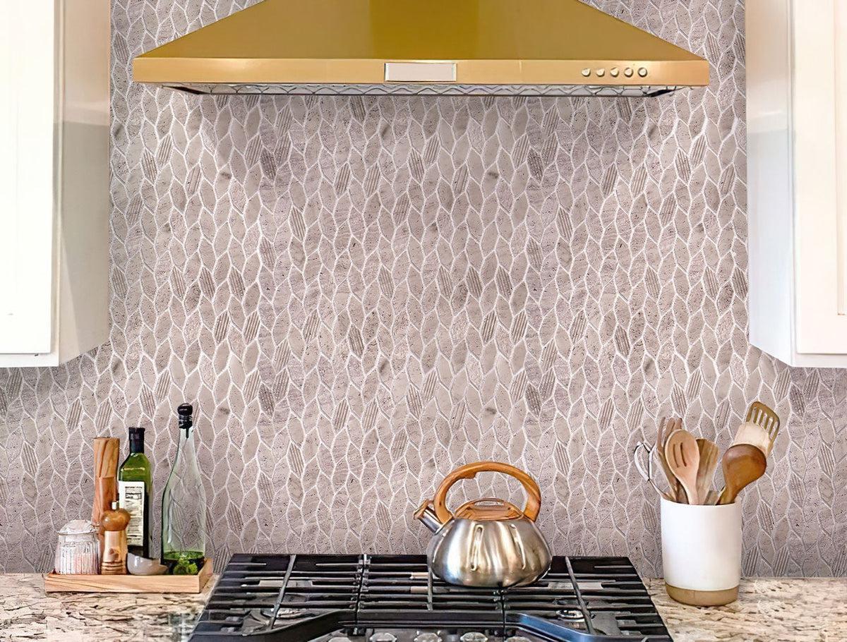 Textured Wooden Beige Leaf Marble Mosaic Tile kitchen backsplash