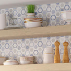  Kitchen Shelves jn Background of Thassos And Azul Cielo Double Hexagon Marble Mosaic Tile