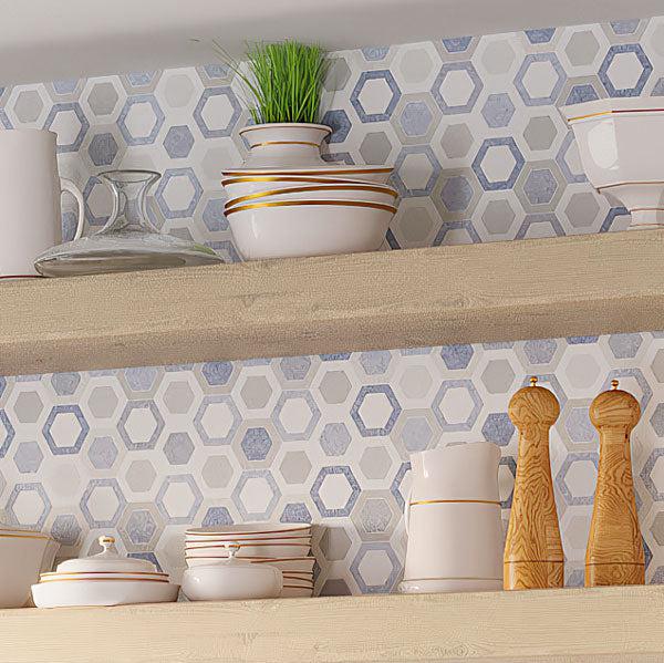  Kitchen Shelves jn Background of Thassos And Azul Cielo Double Hexagon Marble Mosaic Tile