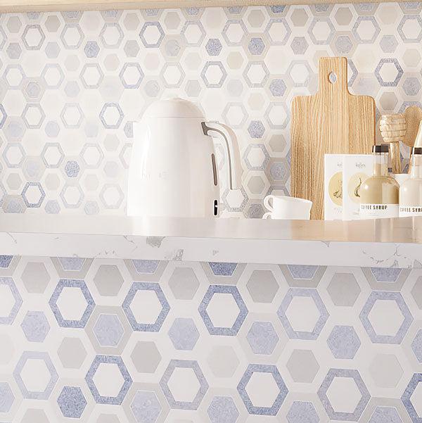  Kitchen Shelf & Bar CounterThassos And Azul Cielo Double Hexagon Marble Mosaic Tile