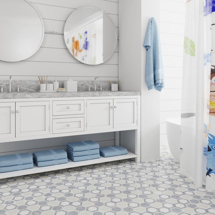 Blue and White Kid's Bathroom with Thassos And Azul Cielo Double Hexagon Marble Mosaic Tile Floor