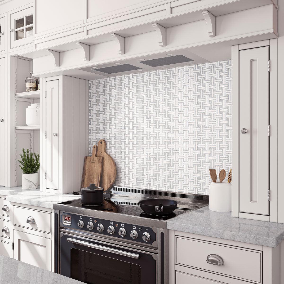 Traditional kitchen design with a blue and white basket weave marble kitchen wall tile