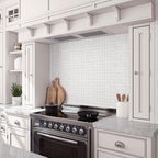 Traditional kitchen design with a blue and white basket weave marble kitchen wall tile