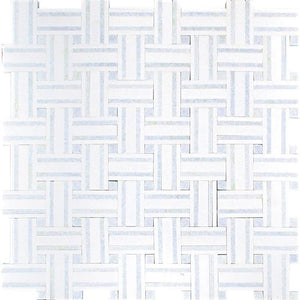 Thassos And Azul Cielo Tight Joint Basket Weave Marble Mosaic Tile Sample