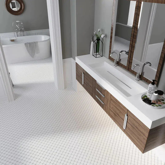 White Marble and Wood Vanity with a Thassos Marble Mini Arabesque Mosaic Tile Bathroom Floor