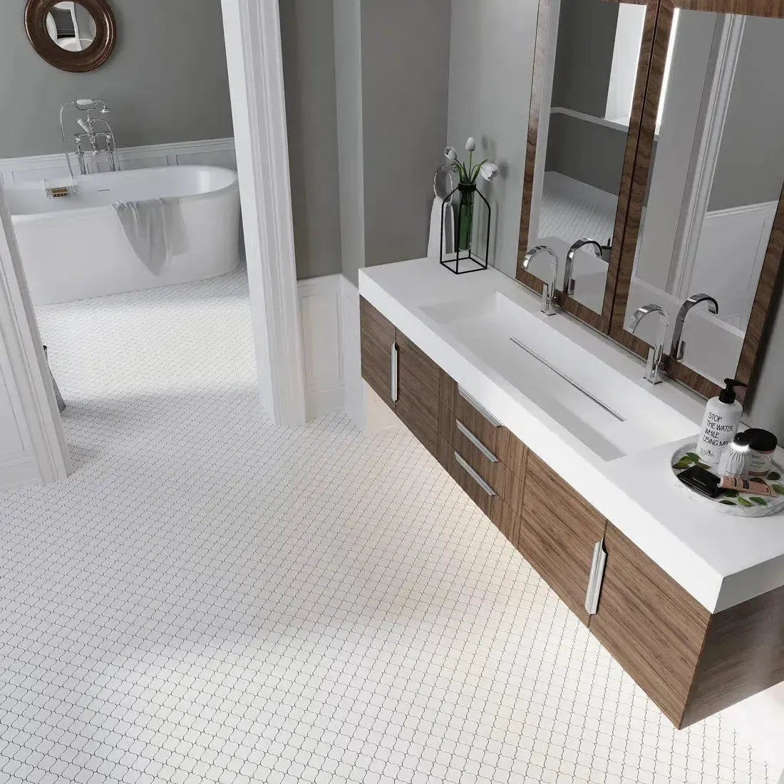 White Marble and Wood Vanity with a Thassos Marble Mini Arabesque Mosaic Tile Bathroom Floor