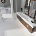 White Marble and Wood Vanity with a Thassos Marble Mini Arabesque Mosaic Tile Bathroom Floor