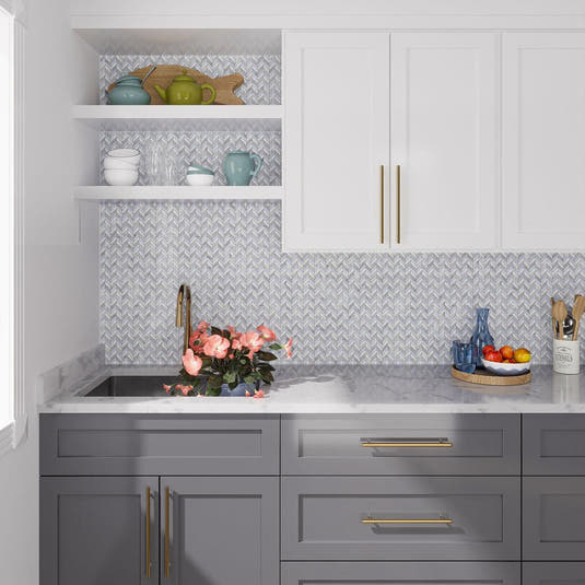 Thassos Carrara And Azul Cielo Mini Chevron Marble Mosaic Tile | Tile Club