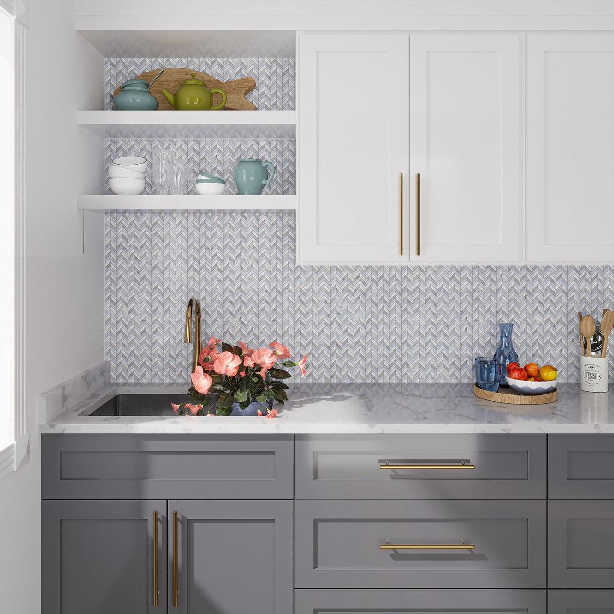 Thassos Carrara And Azul Cielo Mini Chevron Marble Mosaic Tile | Tile Club
