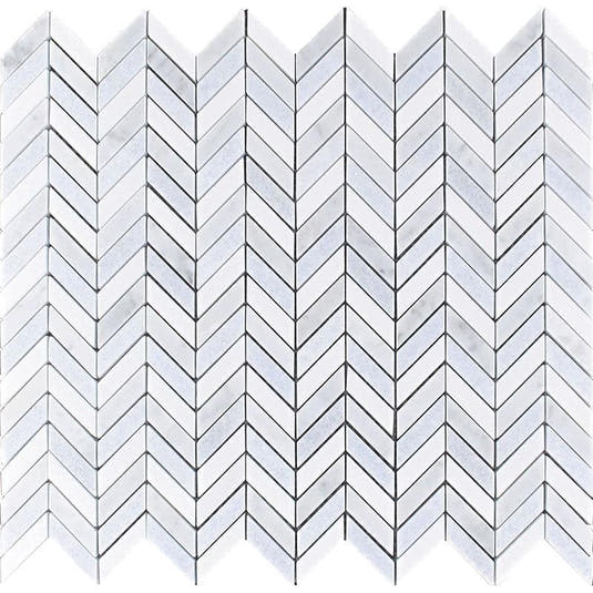 Thassos Carrara And Azul Cielo Mini Chevron Marble Mosaic Tile | Position1