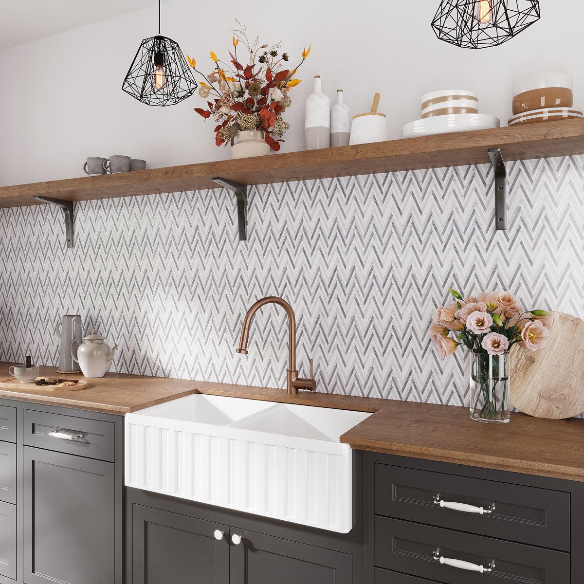 Thassos Carrara And Bardiglio Striped Chevron Mosaic Tile | Tile Club