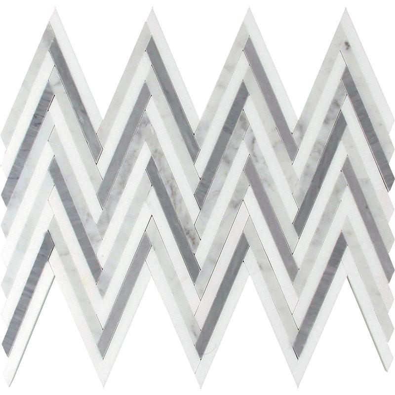 Thassos Carrara And Bardiglio Striped Chrvon Mosaic Tile | 9" x 12.8"