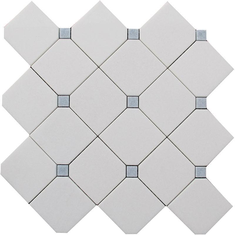 Thassos Diagonal Square And Azul Cielo Dots Marble Mosaic Tile 