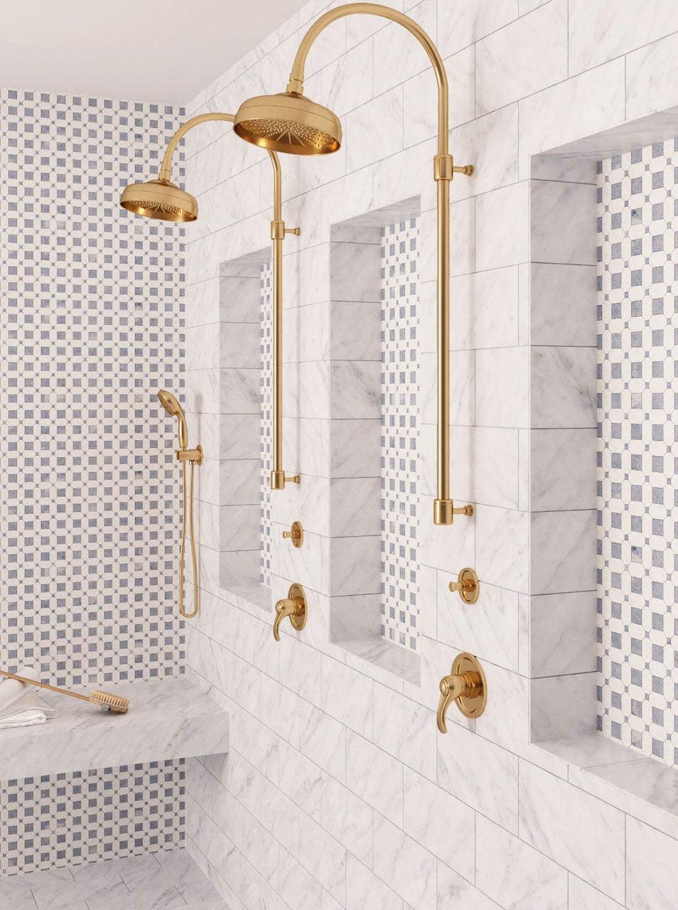 Marble Walk In Shower with Thassos Octagon With Azul Cielo Squares Marble Mosaic Tile Niche and Accent Wall