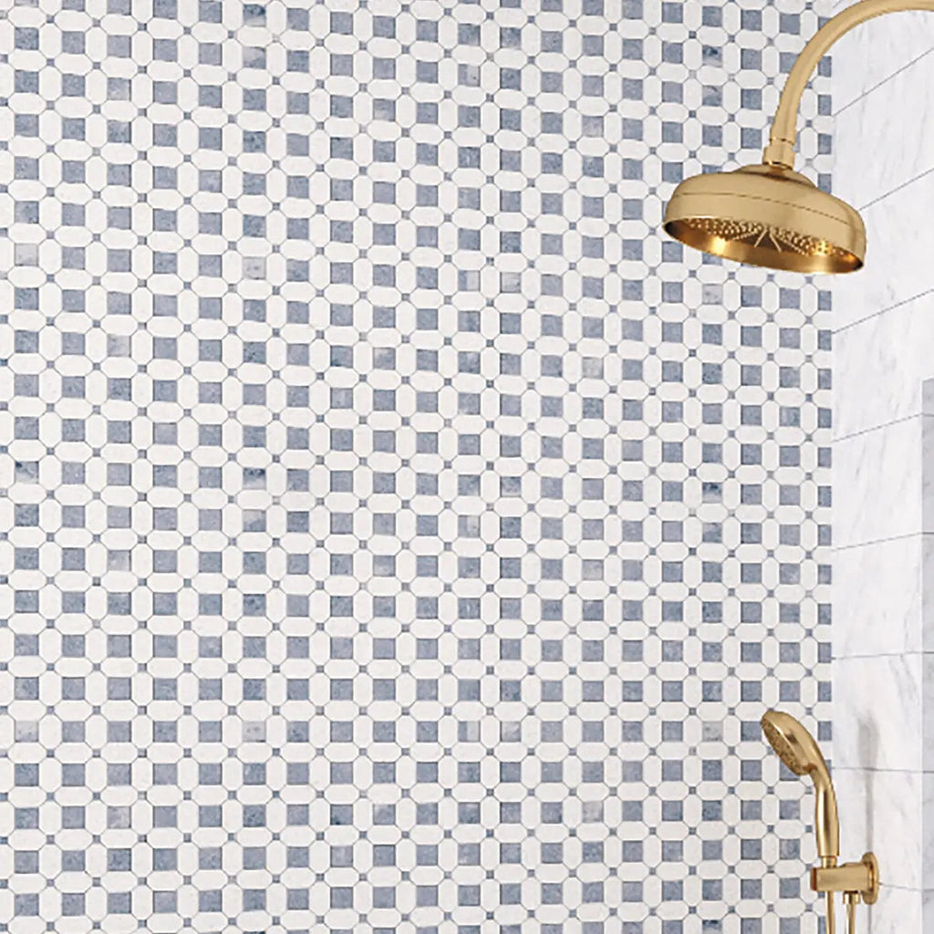 Thassos Octagon With Azul Cielo Squares Marble Mosaic Tile