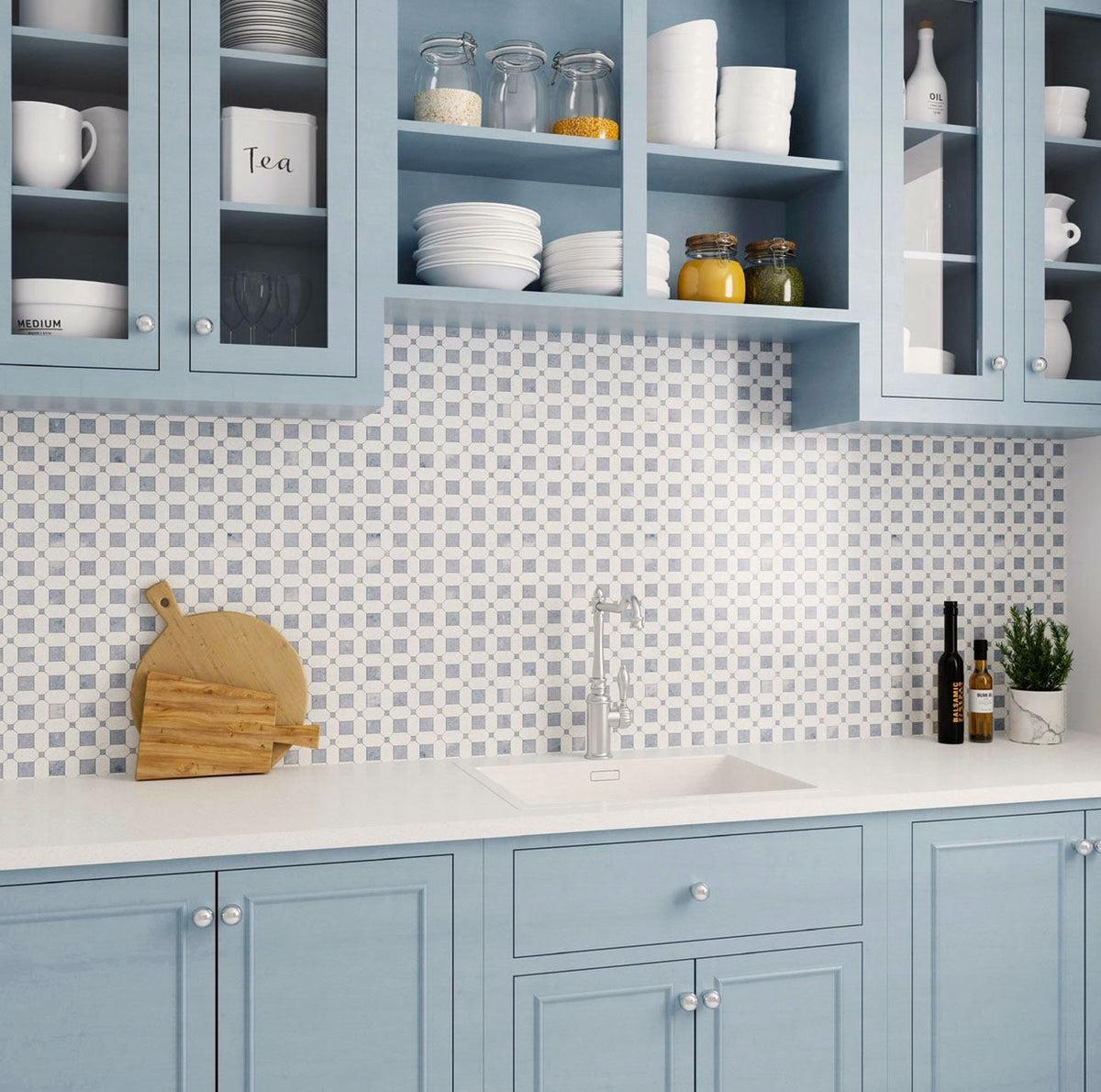 Blue and White Kitchen Backsplash Tile with Blue Shaker Cabinets