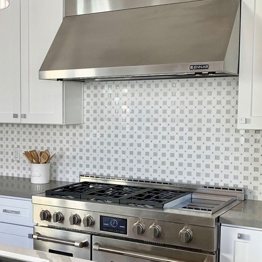 12.2" x 12.2" Marble Octagon Tile Backsplash for Kitchen with Thassos Marble and Light Blue Glass