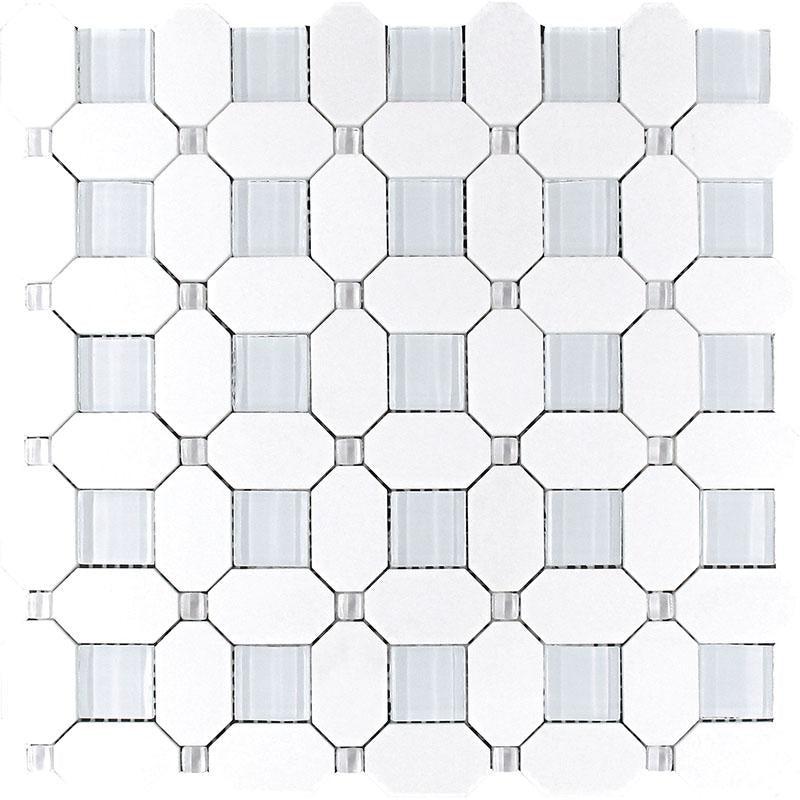 Thassos Octagon With Light Blue Glass Marble Mosaic Tile 12.2" x 12.2"