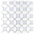 Thassos Octagon With Light Blue Glass Marble Mosaic Tile 12.2" x 12.2"