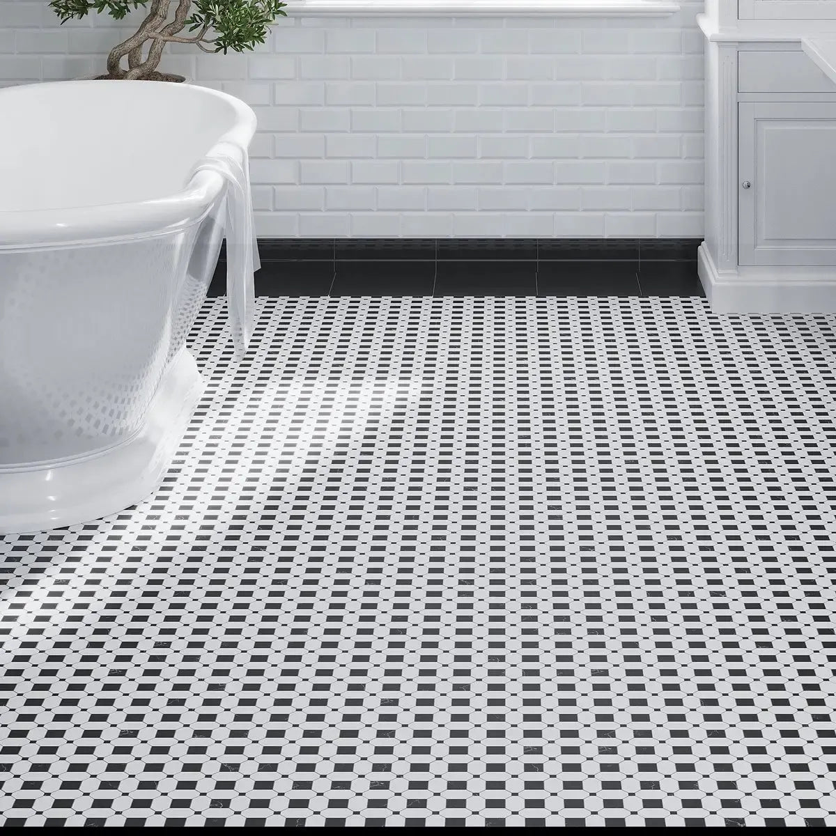 Thassos Octagon with Nero Marquina Squares Marble Mosaic Tile | Tile Club