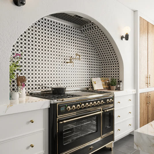 Thassos Octagon with Nero Marquina Squares Marble Mosaic Tile for a black and white kitchen backsplash