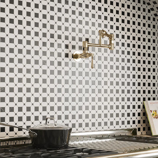 Thassos Octagon with Nero Marquina Squares Marble Mosaic Tile | Tile Club