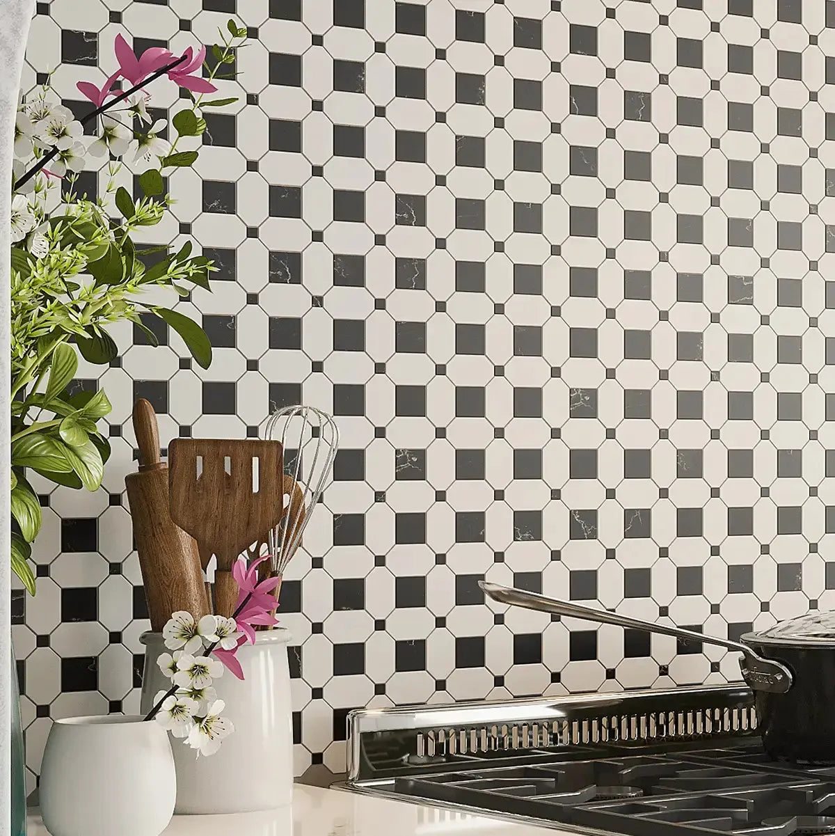 Black and white geometric kitchen backsplash tile