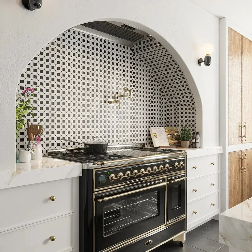 Thassos Octagon with Nero Marquina Squares Marble Mosaic Tile for a black and white kitchen backsplash