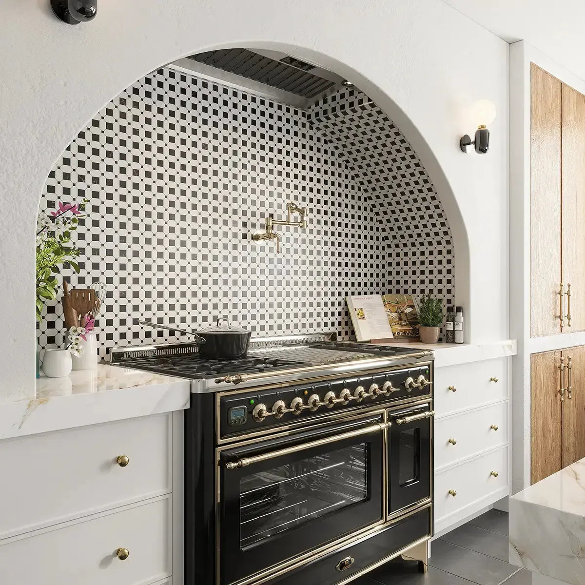 Thassos Octagon with Nero Marquina Squares Marble Mosaic Tile for a black and white kitchen backsplash