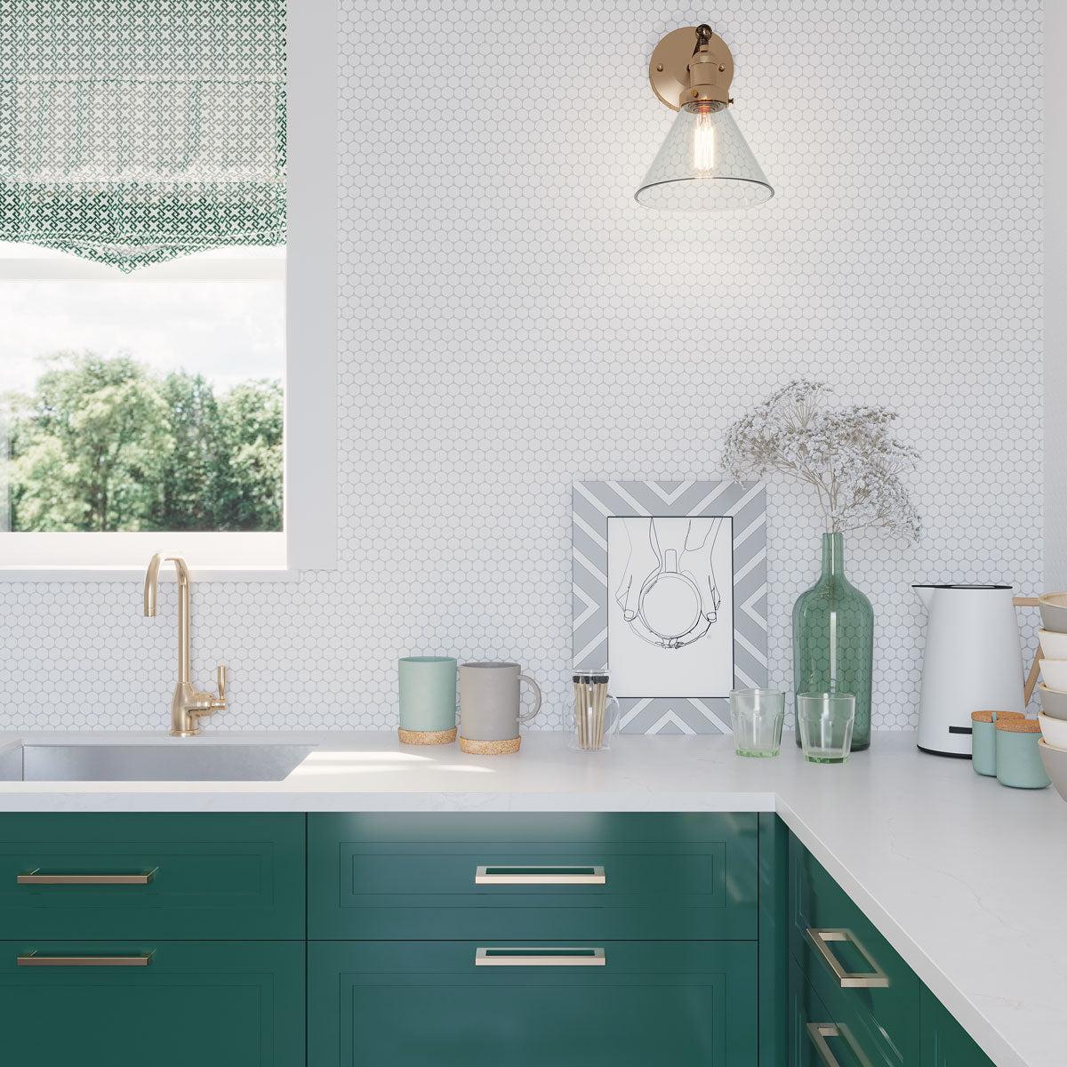 Green, White and Brass Kitchen with Thassos Marble Penny Round Tile Backsplash