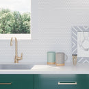 Green and White Kitchen with Thassos White Marble Penny Round Tile Backsplash