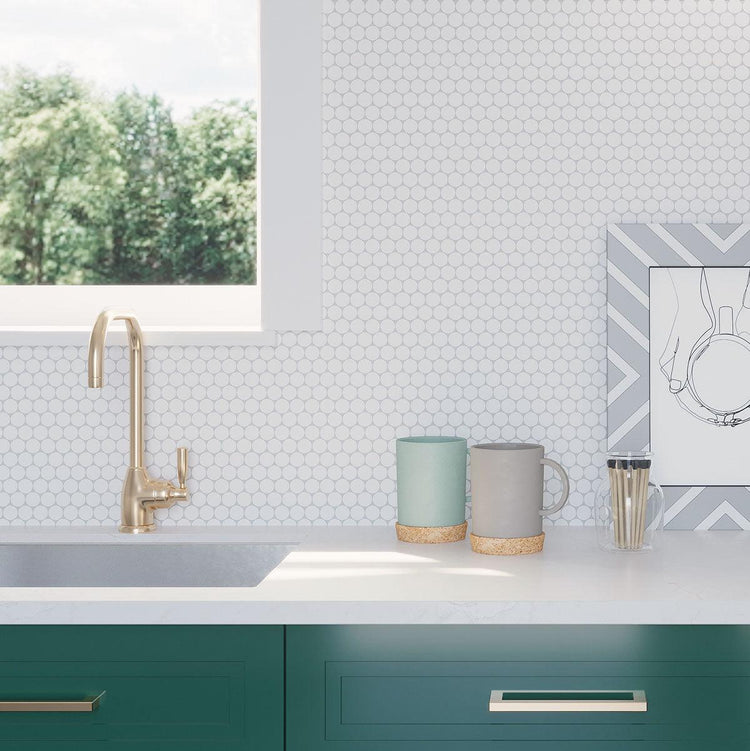 Green and White Kitchen with Thassos White Marble Penny Round Tile Backsplash