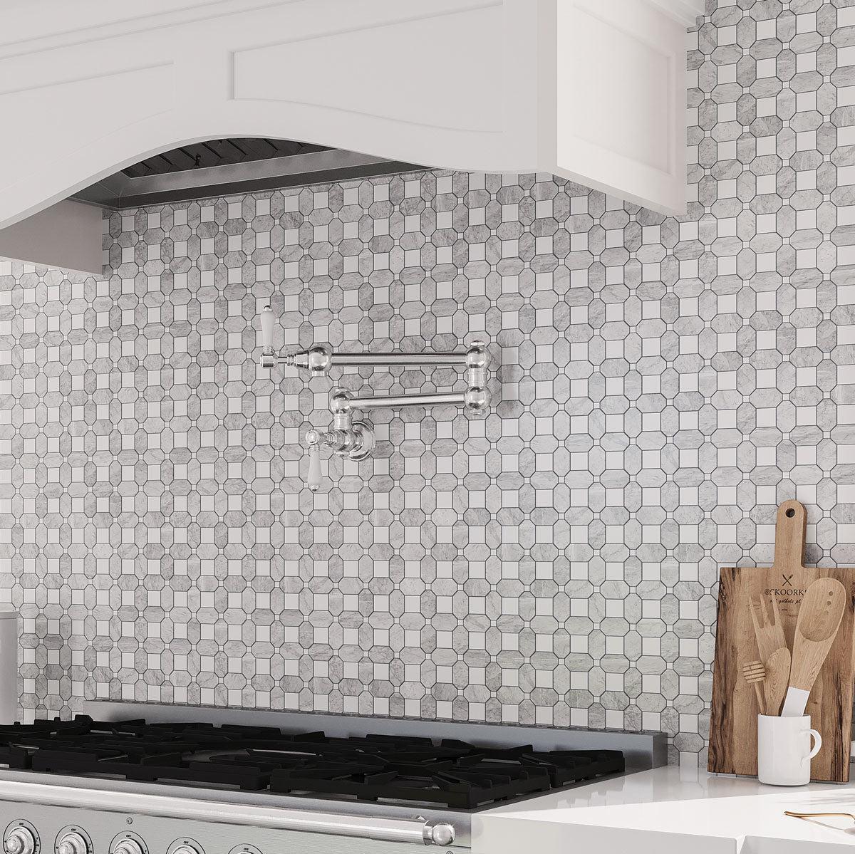 Gray and White Kitchen Wall Tile with Thassos Square And Carrara Octagon Marble Mosaic