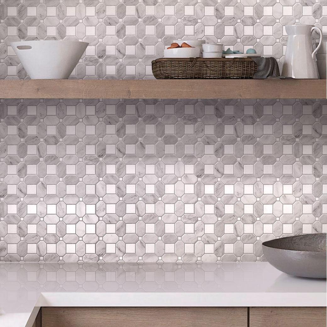 Thassos Square And Carrara Octagon Marble Mosaic Tile