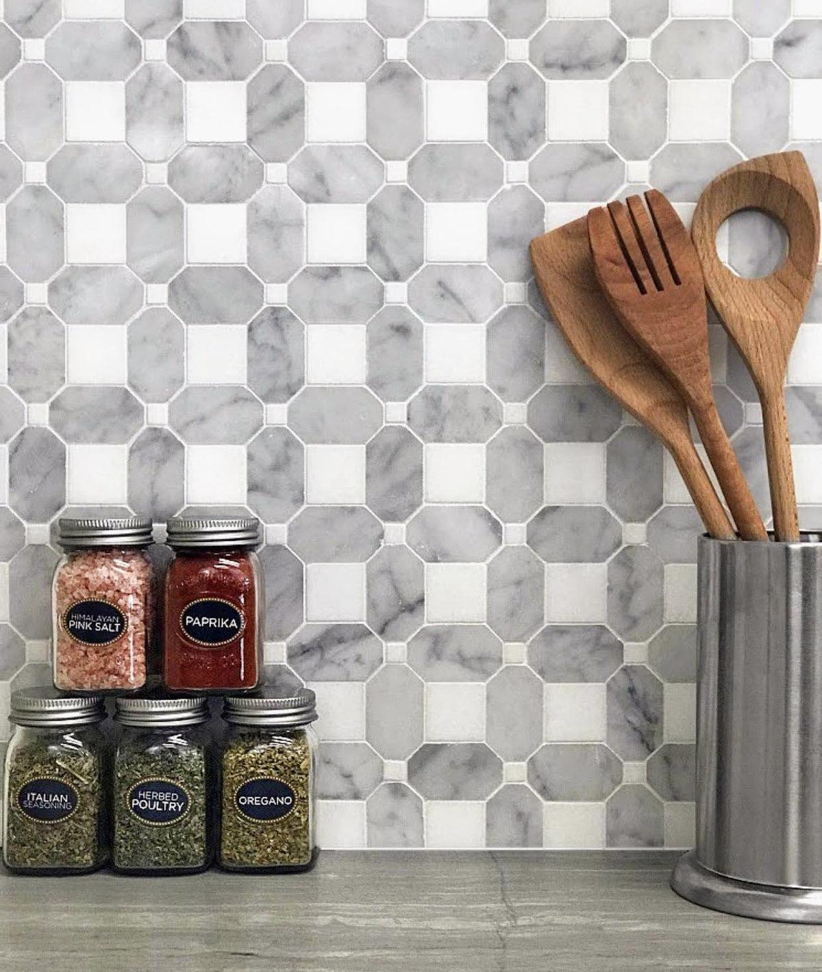 Thassos Square And Carrara Octagon Marble Mosaic Tile