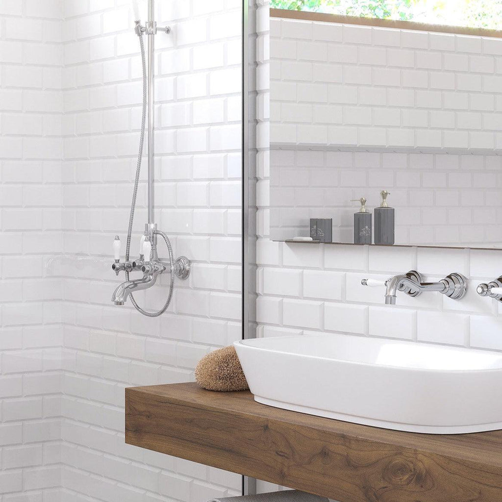 Beveled White Marble Subway Tile Backsplash and Shower Wall