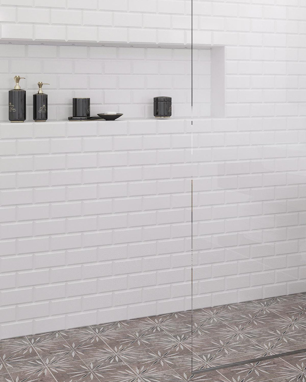 Beveled White Marble Subway Tile Shower Niche